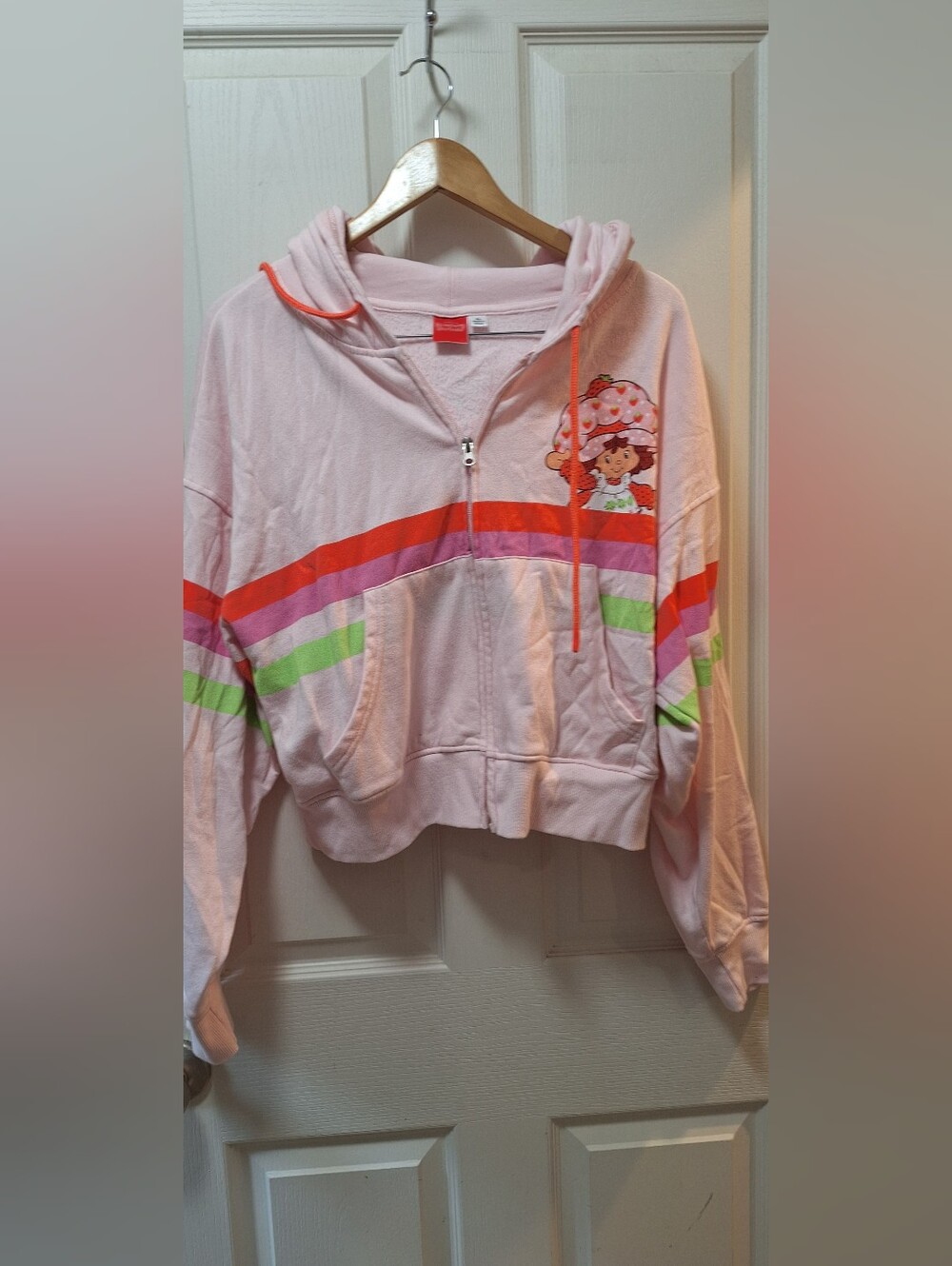 Pink Womens Strawberry Shortcake Hoodie Jacket with Rainbow Stripes XL